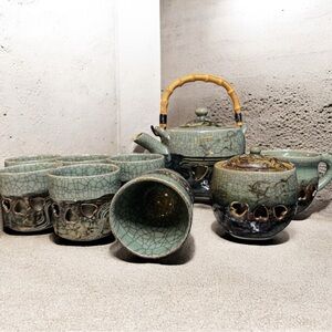 Rare Vintage Otagiri Somayaki Soma Ware Cut Out Hearts Tea Set Crackle Japan